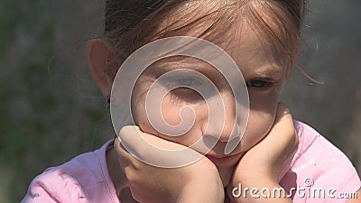 Crying Unhappy Child with Sad Memories, Stray Homeless Kid in Abandoned House Stock Photo