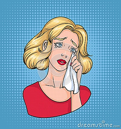 Crying woman face. Sad blonde wiping tears with handkerchief. Colorful comics vector illustration in pop art style. Vector Illustration