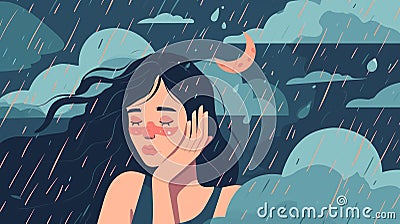 Crying woman in rain. illustration in flat cartoon style. Generative AI Cartoon Illustration