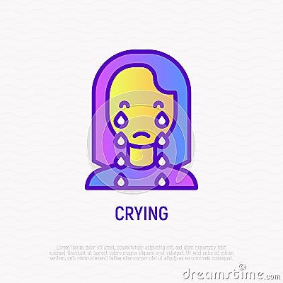 Crying woman thin line icon. Sadness, depression, negative emotion. Modern vector illustration Vector Illustration