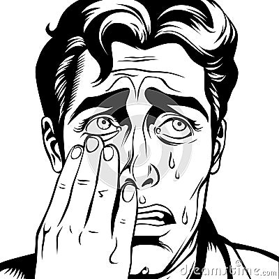 Crying young man wipes away tears with his hand, vector illustration in vintage pop art comic style Cartoon Illustration