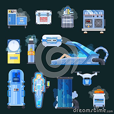 Cryonics Human Organs Transplantation Icons Vector Illustration