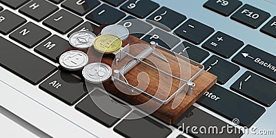 Cryprocurrency on a mouse trap on a computer keyboard. 3d illustration Cartoon Illustration