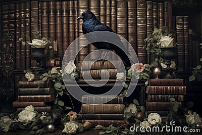 Cryptic Raven history ancient library. Generate Ai Stock Photo
