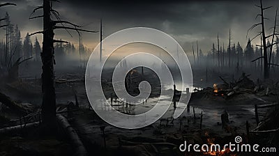 Cryptidcore-inspired Dark Landscape With Trees, Smoke, And Water Stock Photo