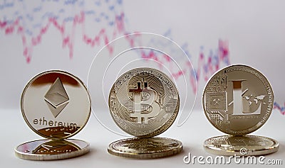 Crypto - bitcoin ethereum litecoin and graph Editorial Stock Photo