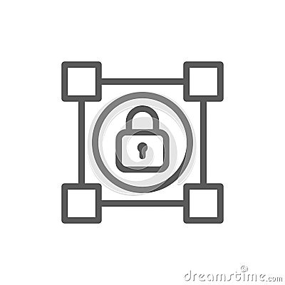 Crypto blockchain with lock, cryptocurrency line icon. Vector Illustration