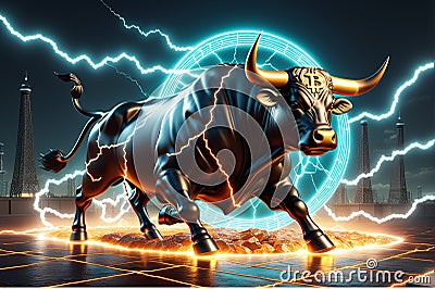 Crypto bull surrounded by the lightning of thunder running in the market, crypto trading concept, bitcoin Cartoon Illustration