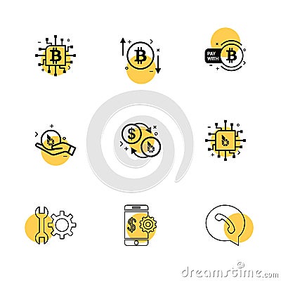 crypto currency , bit coin , ic, money , whatsapp , mobile , wrench , gear , 9 eps icons set vector Vector Illustration