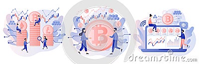 Crypto currency. Bitcoin, altcoin. Digital web money. Blockchain. Fintech industry. Business, finance. Tiny people Vector Illustration