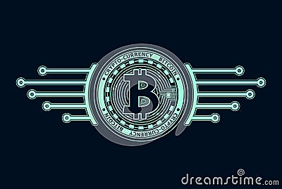 Crypto-currency bitcoin blue on black Vector Illustration