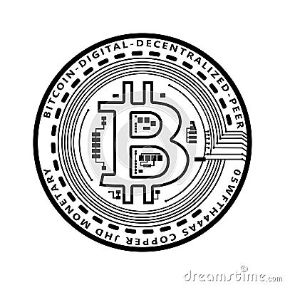 Crypto currency black coin with black lackered bitcoin symbol on obverse isolated on white background. Vector Vector Illustration