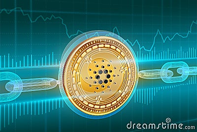 Crypto currency. Block chain. Cardano. 3D isometric Physical golden Cardano coin with wireframe chain. Blockchain concept. Cartoon Illustration