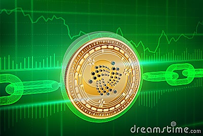 Crypto currency. Block chain. Iota. 3D isometric Physical golden Iota coin with wireframe chain. Blockchain concept. Editable Cryp Cartoon Illustration