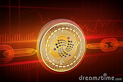 Crypto currency. Block chain. Iota. 3D isometric Physical golden Iota coin with wireframe chain. Blockchain concept. Editable Cryp Cartoon Illustration