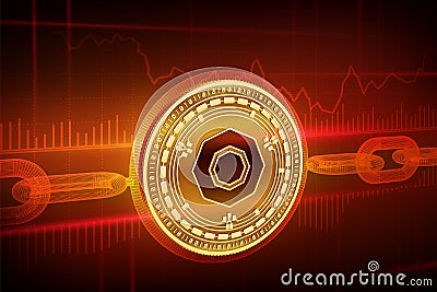 Crypto currency. Block chain. Komodo. 3D isometric Physical golden Komodo coin with wireframe chain. Blockchain concept. Editable Cartoon Illustration