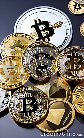 Crypto currency coins different types Stock Photo