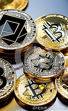 Crypto currency coins different types Stock Photo