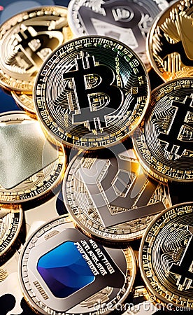 Crypto currency coins different types Stock Photo