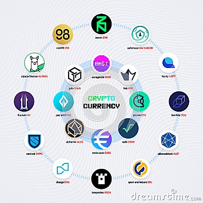 Crypto currency coins digital payment system blockchain concept. Vector Illustration