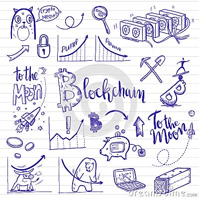 Crypto-currency doodle set. Vector illustration. Vector Illustration