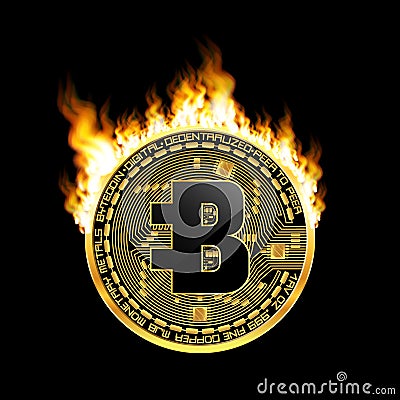 Crypto currency bytecoin golden symbol on fire Vector Illustration