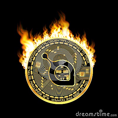 Crypto currency siacoin golden symbol on fire Cartoon Illustration