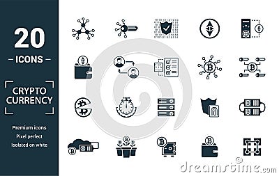 Crypto Currency icon set. Include creative elements decentralized, encrypted, ethereum wallet, node, halving icons. Can be used Stock Photo