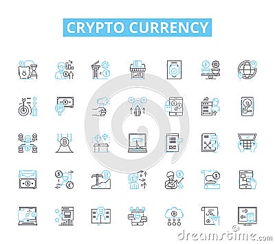 Crypto currency linear icons set. Blockchain, Bitcoin, Ethereum, Altcoins, Wallet, Mining, Exchange line vector and Vector Illustration