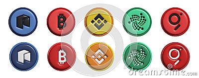 Crypto currency logo set. 3d vector. Crypto currency 3d icon. Dash logo. Bitcoin logo. Vector Illustration