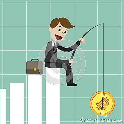 Crypto-currency market. Businessman sitting on the growing chart and catching Bitcoin. Business concept - vector Vector Illustration