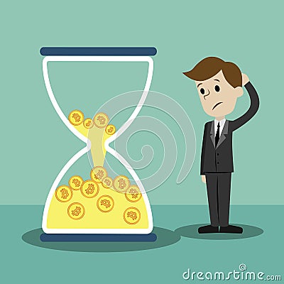 Crypto-currency market. Businessman is standing and seeing sandglass with Bitcoins and loosing its. Vector Illustration