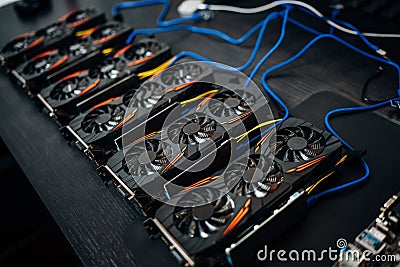 Crypto currency mining components with graphics cards and gpu. Internet connected power rig mining ethereum, bitcoin and altcoins Stock Photo