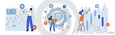 Crypto invest. Finance professionals study financial aspects cryptocurrencies to develop investment strategies Vector Illustration