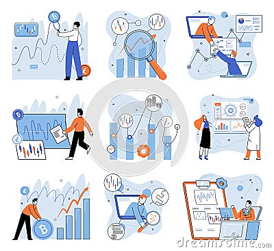 Crypto invest. Profit opportunities in crypto market are driven by price fluctuations and market trends Vector Illustration