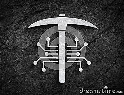 Crypto mining circuit and pickaxe symbol stone wall background Stock Photo