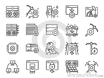 Crypto mining line icon set. Included the icons as cryptocurrency, digital currency, mining hardware, gpu, cpu, and more. Vector Illustration