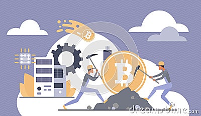 Crypto money, digital currency technology, tiny men miners mining bitcoin with pickaxes Vector Illustration