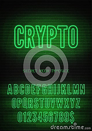 Crypto sign and green neon hollow font with numbers on vector dark brick background. Mysterious night light alphabet Vector Illustration