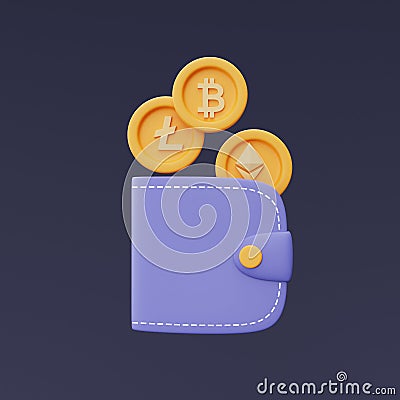 crypto wallet with golden bitcoin,Ethereum,Litecoin coins. Editorial Stock Photo