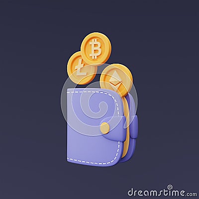 crypto wallet with golden bitcoin,Ethereum,Litecoin coins,3d rendering Editorial Stock Photo