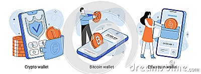 Crypto wallet metaphor. Concept of mobile payments. Bitcoin, ethereum wallet connected with mobile phone Vector Illustration