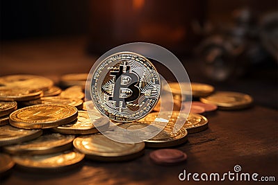 Crypto wealth Male hand with Bitcoin, surrounded by coins on wood Stock Photo