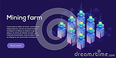 Cryptocoin mining farm layout. Cryptocurrency and blockchain net Vector Illustration