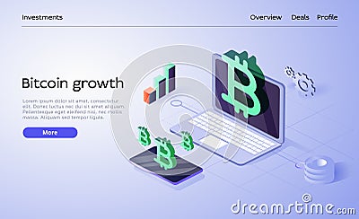 Cryptocoin mining farm layout. Cryptocurrency and blockchain network business isometric vector illustration. Crypto. Vector Illustration