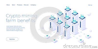 Cryptocoin mining farm layout. Cryptocurrency and blockchain network business isometric vector illustration. Crypto currency Vector Illustration