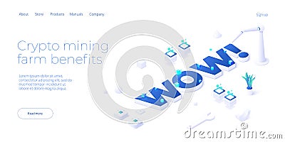 Cryptocoin mining farm layout. Cryptocurrency and blockchain network business isometric vector illustration. Crypto currency Vector Illustration