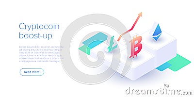 Cryptocoin mining farm layout. Cryptocurrency and blockchain network business isometric vector illustration. Crypto currency Vector Illustration