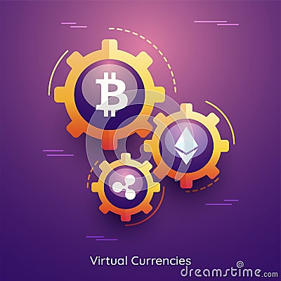 Cryptocurrencies, bitcoin, ethereum, and ripple on purple background. Editorial Stock Photo