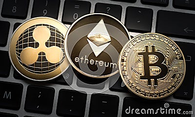 Cryptocurrencies Ethereum, Ripple, and Bitcoin coins on computer laptop keyboard. Editorial Stock Photo